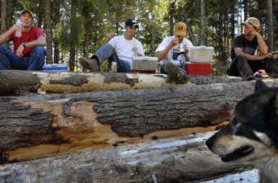 
From left to right, Chad Nelson, 25,  and his brother Bret, 19, break for lunch with fellow loggers  Cory Machado and Jake Lockard near Plummer. In Benewah County,  the Nelsons are among the few still following their fathers into jobs in the woods. Their father 