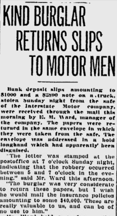 A burglar returned deposit slips to the Interstate Motor Co. on Dec. 23, 1919, after cracking a safe and stealing $130 in cash. (S-R archives)