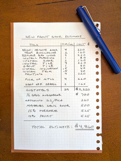 This is the quick long-distance estimate I created for Irene to help her understand why it costs thousands of dollars to install a new front door and repair water damage.  (Tribune Content Agency)