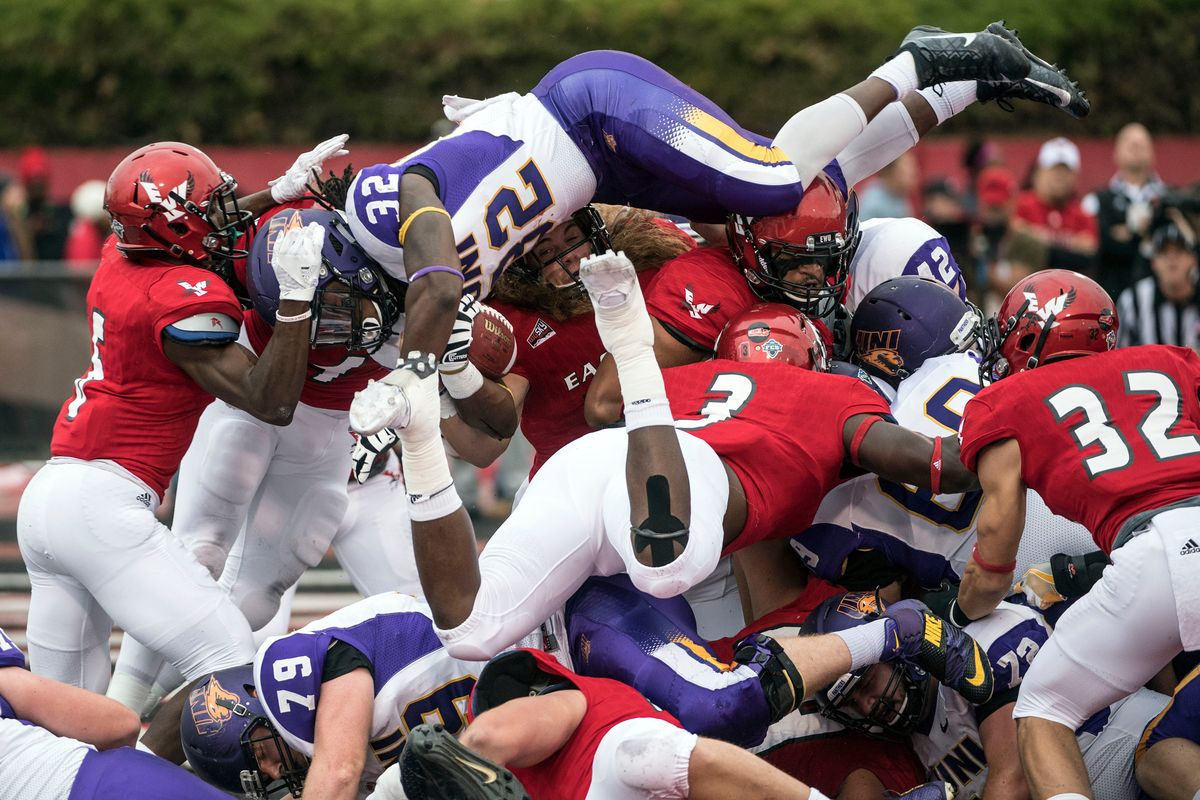 Eastern Washington’s defense stops Northern Iowa’s Tyvis Smith near the goal line during a 2016 regular-season game in Cheney the Eagles won 34-30. EWU hosts UNI on Saturday in the FCS playoffs.  (DAN PELLE)
