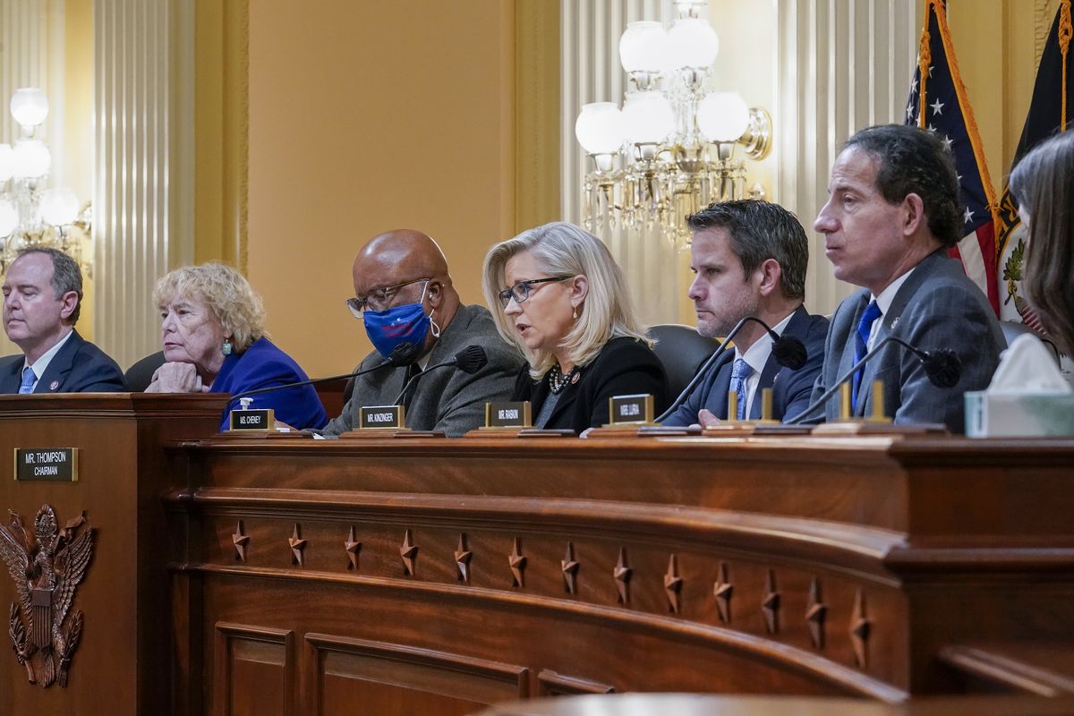 The House panel investigating the Jan. 6 U.S. Capitol insurrection meets at the Capitol in Washington, Dec. 1, 2021. From left are Rep. Adam Schiff, D-Calif., Rep. Zoe Lofgren, D-Calif., Chairman Bennie Thompson, D-Miss., Vice Chair Liz Cheney, R-Wyo., Rep. Adam Kinzinger, R-Ill., and Rep. Jamie Raskin, D-Md. The House committee investigating the Jan. 6 insurrection at the Capitol says the Supreme Court should let stand an appeals court ruling that the National Archives turn over documents from former President Donald Trump that might shed light on the events leading up to the riot, including incidents that occurred the actual day. In a filing Thursday, Dec. 20, with the court, lawyers for the committee argued that it is within its jurisdiction to seek the information. (J. Scott Applewhite)
