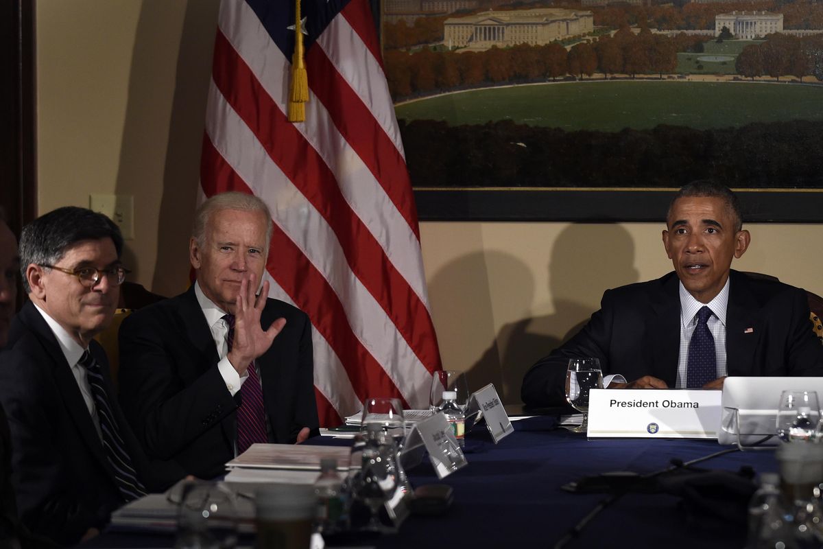President Barack Obama, joined by Vice President Joe Biden and Treasury Secretary Jacob Lew, convenes his National Security Council at the Treasury Department in Washington, Tuesday, June 14, 2016, to receive an update on the investigation into the attack in Orlando, Florida and review efforts to degrade and destroy ISIL. (Susan Walsh / Associated Press)