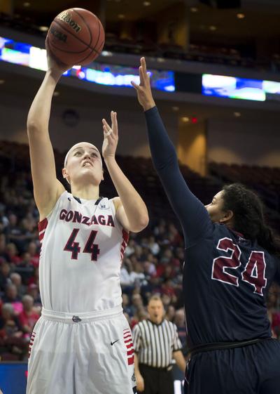 Gonzaga Bulldogs center Shelby Cheslek (44) takes a shot under the basket as Loyola Marymount Lions forward Bree Alford (24) defends in the first half of a WCC women's tournament quarterfinal basketball game, Friday, March. 6, 2015, at the Orleans Arena in Las Vegas, Nevada. (The Spokesman-Review)