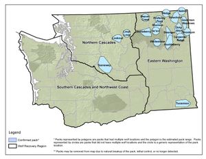 Map updated in June 2016 shows known territories of confirmed wolf packs in Washington. (Washington Department of Fish and Wildlife)