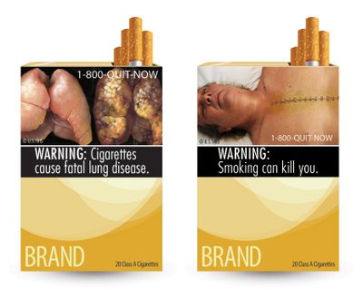 In this combo made from file images provided by the U.S. Food and Drug Administration shows two of nine new warning labels cigarette makers will have to use by the fall of 2012. A federal judge is expressing doubts about whether the government can force tobacco companies to post graphic images on their cigarette packages showing the health effects of smoking. (U.s. Food And Drug Administratio)