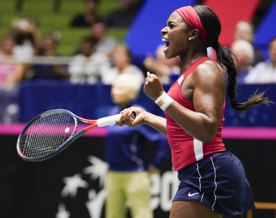 United States’ Sloane Stephens reacts after defeating Switzerland’s Timea Bacsinszky during their playoff-round Fed Cup tennis match, Saturday, April 20, 2019, in San Antonio. (Darren Abate / Associated Press)