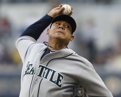 Seattle Mariners' Felix Hernandez pitches against the host San Diego Padres during the first inning of a baseball game on Saturday. Hernandez pitched seven innings, striking out 10 and surrendering just one run on six hits. (Associated Press)