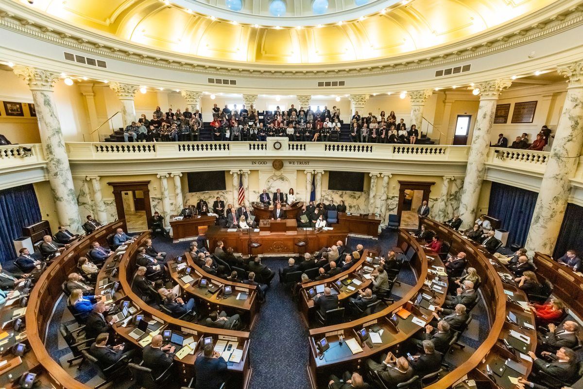 Idaho Gov. Brad Little delivers his State of the State address inside the house chambers at the state Capitol building last Monday in Boise.  (Otto Kitsinger/Associated Press)