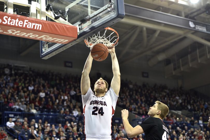 Gonzaga's Przemek Karnowski dunks the ball against Santa Clara during the first half of a college basketball game on Saturday, Jan 10, 2015, at McCarthey Athletic Center in Spokane, Wash. (Tyler Tjomsland / The Spokesman-Review)