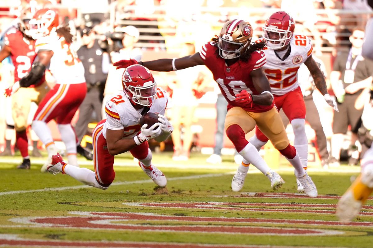 Kansas City safety Jaden Hicks hauls in his first career interception off San Francisco’s Brock Purdy during a win at Levi’s Stadium on Oct. 20 in Santa Clara, Calif. (Getty Images)