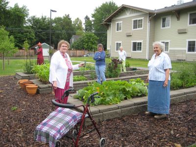 From left, Friendship Gardens residents Angie Nemerimana, Phyllis LaRocque, Carolyn Main, Joie Florea and Olga Schuh enjoy the camaraderie of gardening together. Special to  (SUSAN MULVIHILL Special to / The Spokesman-Review)
