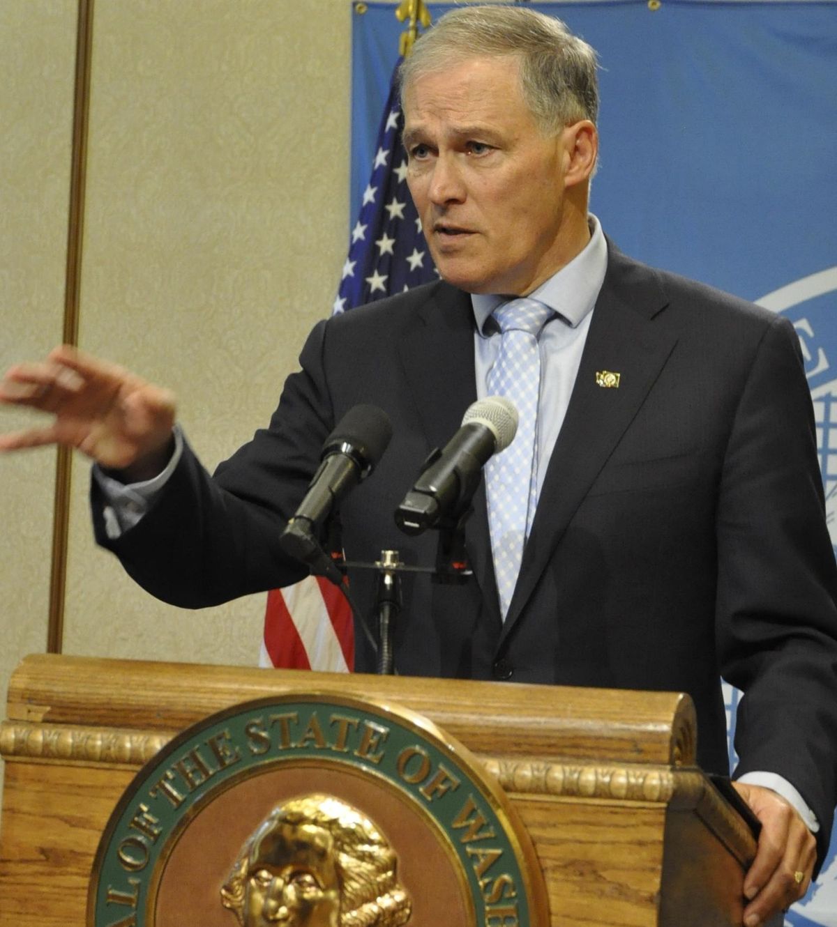 OLYMPIA – Gov. Jay Inslee answers questions at a press conference after announcing he is calling the Legislature into its third special session. (Jim Camden / The Spokesman-Review)