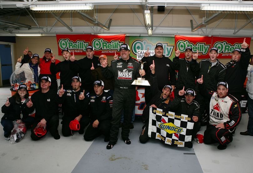 Mike Skinner and his No. 5 Bad Boy Mowers Toyota team celebrate winning the O'Reilly Auto Parts 250 at Kansas Speedway. The win was Skinner's first of the season and the first for the team since becoming Randy Moss Motorsports last summer. (Photo Credit: Darrell Ingham/Getty Images)  (Darrell Ingham / The Spokesman-Review)