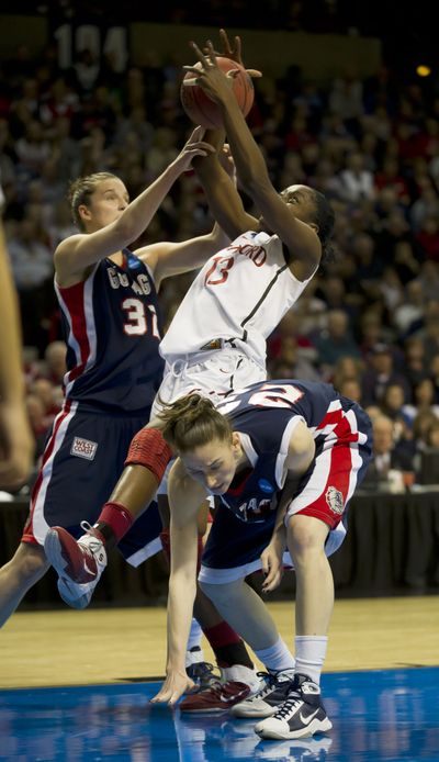 Gonzaga's Kala Standish (32) and Katelan Redmon foul Stanford's Chiney Ogwumike in the second  half of their regional final NCAA tournament women's college basketball game on Monday, March 28, 2011, in Spokane, Wash. (Colin Mulvany / The Spokesman-Review)