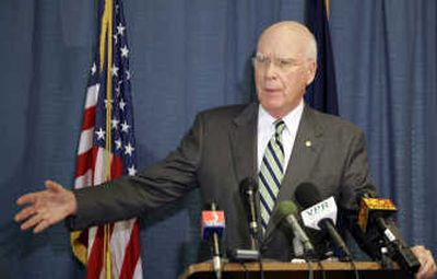 
Associated Press Sen. Patrick Leahy announces he won't support Michael Mukasey at a news conference Friday in Burlington, Vt.
 (Associated Press / The Spokesman-Review)