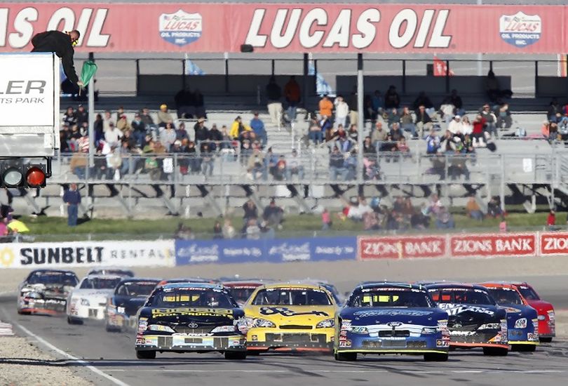 Greg Pursley edges Moses Smith at the finish line. (Photo Credit: George Frey/Getty Images for NASCAR) (George Frey / Getty Images North America)