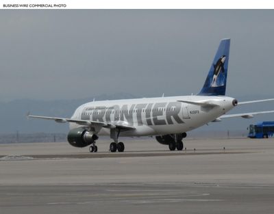 Frontier’s Airbus A320 arrives at Denver International Airport with Ozzy the orca on the tail. (Business Wire)