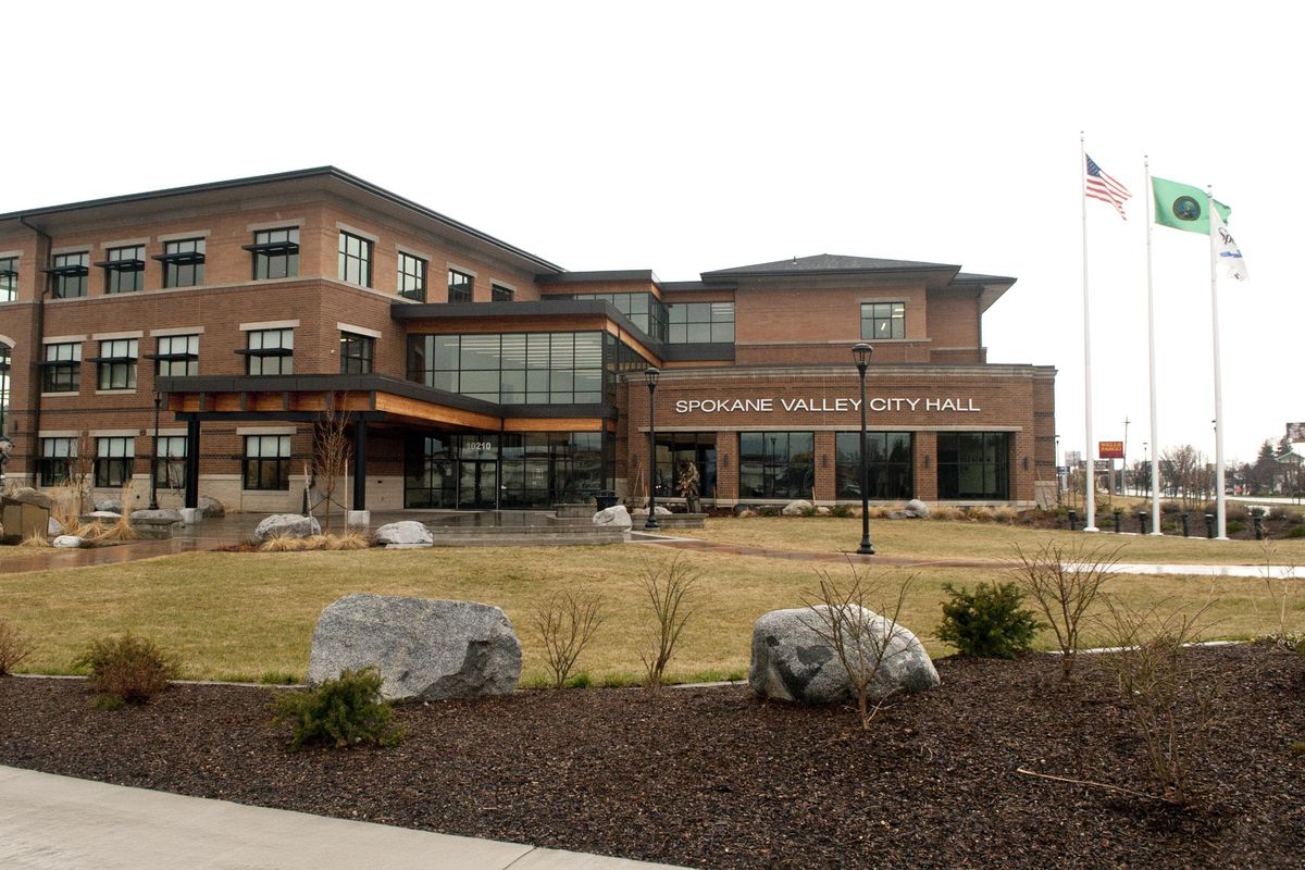 Spokane Valley’s new $14.2 million City Hall,  photographed on Wednesday, April 3, 2019, is starting to have structural damage. (Kathy Plonka / The Spokesman-Review)