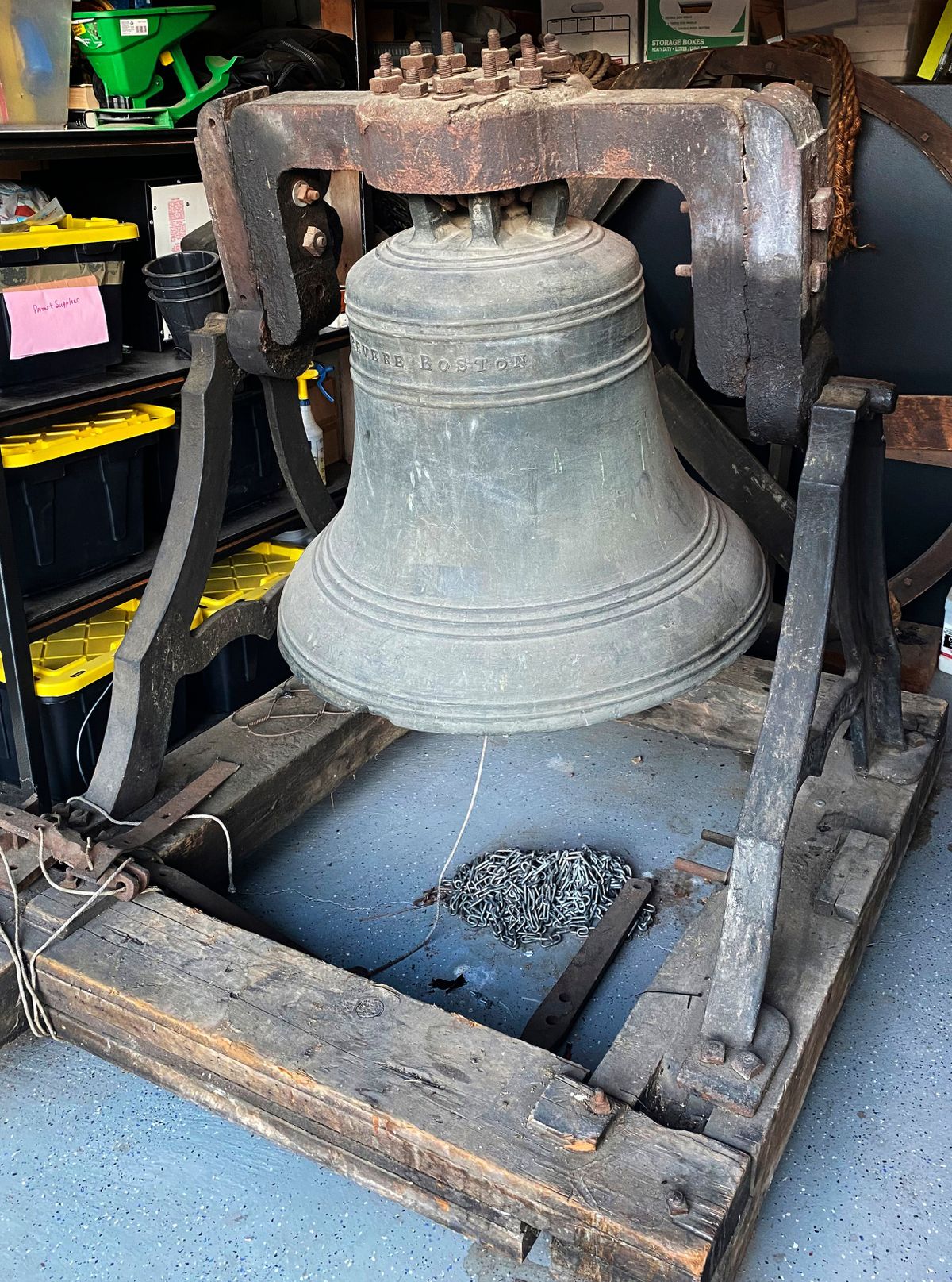 In this handout photograph provided by Amy Miller, a bronze bell forged in 1834 by Paul Revere