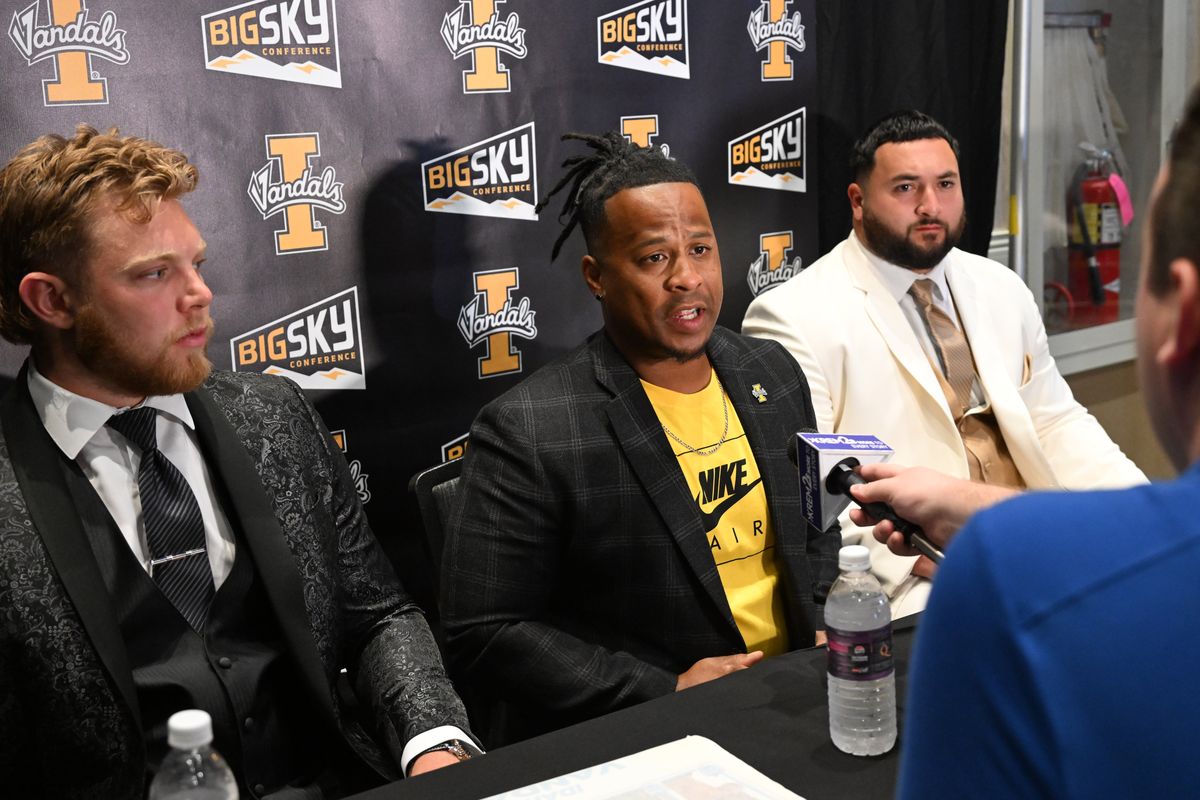 Idaho coach Thomas Ford Jr., center, speaks to the media while seated with Sam Brown, left, and Nate Azzopardi at Big Sky media day Monday. (Jesse Tinsley/THE SPOKESMAN-REVI)