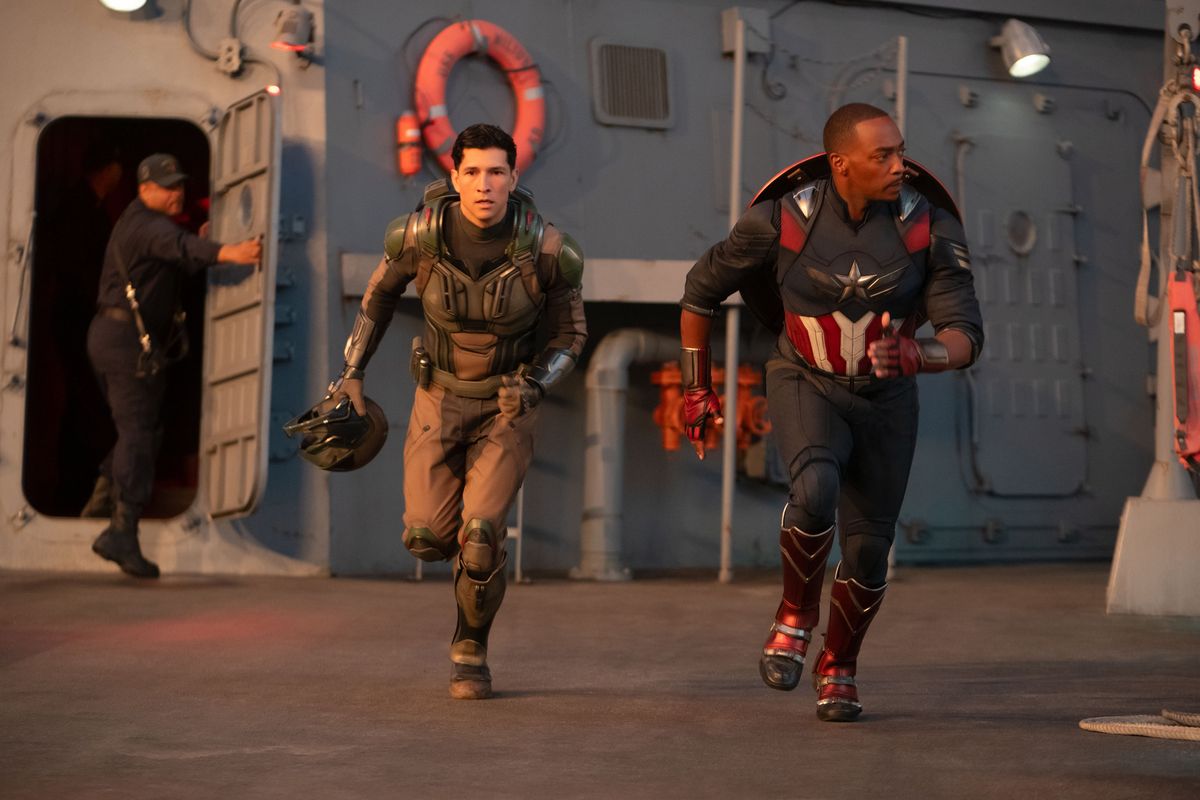 Danny Rameriez, left, and Anthony Mackie star in “Captain America: Brave New World.” (Marvel Studios)