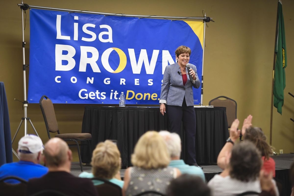 Congressional candidate Lisa Brown addresses a crowd of supporters Thursday during a community forum at the Spokane Valley Event Center. (Dan Pelle / The Spokesman-Review)