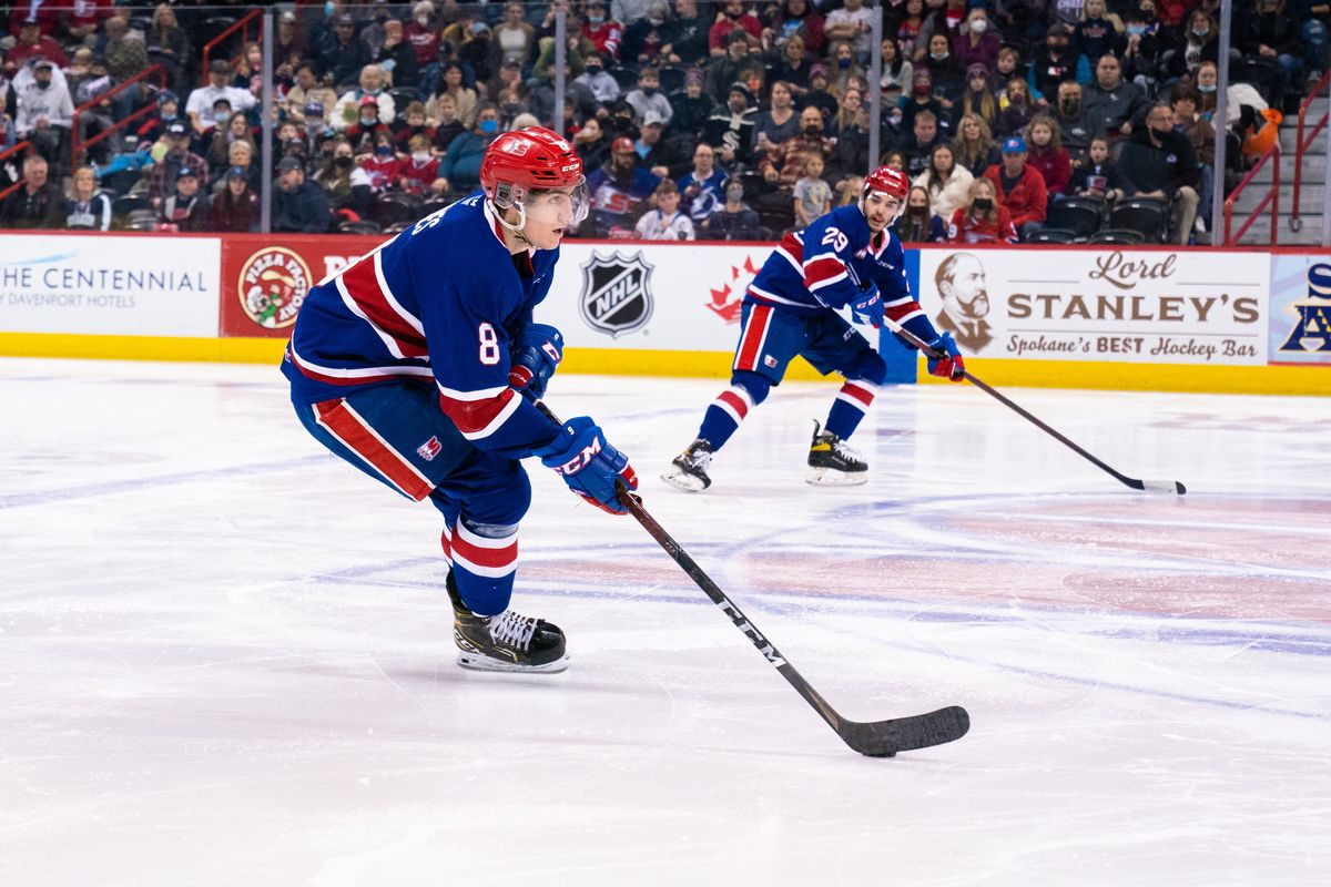 The Spokane Chiefs, trailing their Western Hockey League playoff series against Kamloops 3-0, need Bear Hughes, left, and Nick McCarry to step up Friday. (Courtesy of Larry Brunt)