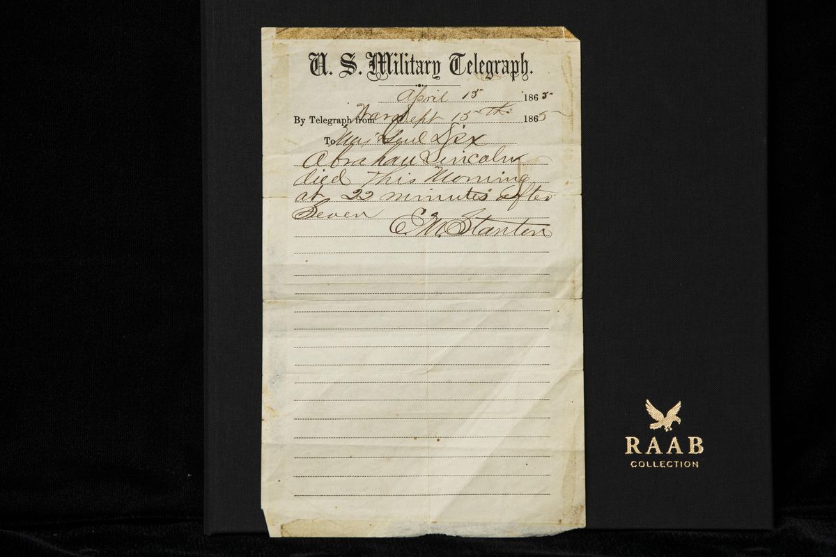 This photo shows a handwritten notification of President Abraham Lincoln’s death that is being offered for sale by Raab Collection in Ardmore, Pa., Thursday, April 11, 2019. The telegram was written inside a home where Lincoln was rushed after being shot at Ford’s Theater on April 14, 1865. (Matt Rourke / Associated Press)