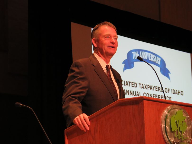 Idaho Lt. Gov. Brad Little speaks to the Associated Taxpayers of Idaho on Wednesday morning (Betsy Z. Russell)