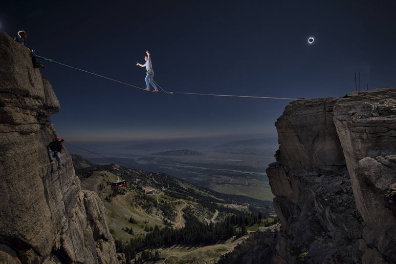Slackliner Alex Mason  took advantage of the first US solar eclipse in 38 years with a stunt walk through Corbets Couloir at Jackson Hole Mountain Resort in Wyoming.
 (Keith Ladzinski / Red Bull Content Pool)