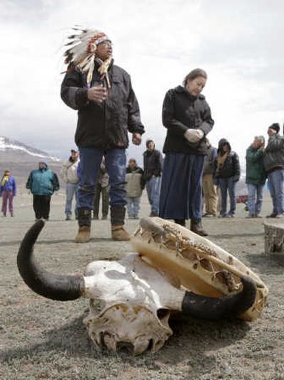 
Chief Arvol Looking Horse talks about the buffalo in the Lakota language as Rosalie Little Thunder translates at a ceremony Tuesday in Yellowstone.
 (The Spokesman-Review)