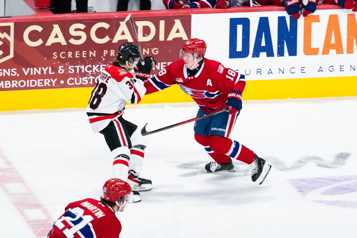 Spokane Chiefs defenseman Will McIsaac stands up Moose Jaw forward Riley Thorpe on Jan. 17, 2026 at the Arena. McIsaac was named team captain on Thursday, Jan. 22, 2026.   (Larry Brunt)