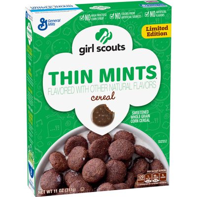 This photo provided by General Mills shows a box of Girl Scouts Thin Mints cereal. General Mills confirmed Monday, Oct. 24, 2016, that it will be introducing a limited-time Girl Scout Cookies cereal line in January. The Minneapolis company said it will come in caramel crunch and thin mint flavors. (AP)