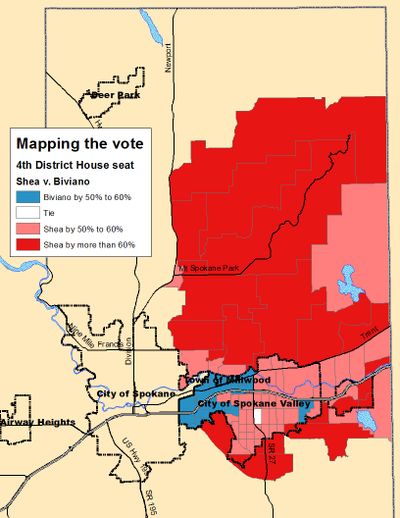 Updated map of the 4th Legislative District race between Matt Shea and Amy Biviano (Jim Camden)