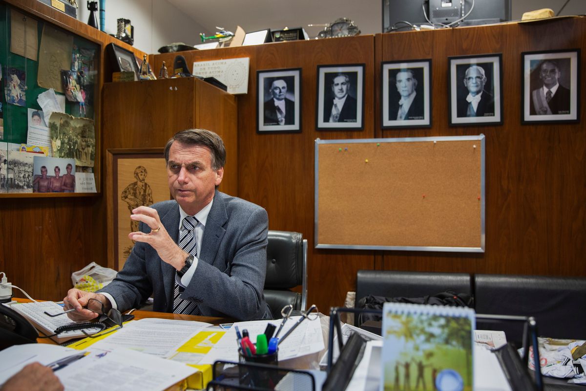 Jair Bolsonaro, then a member of congress, at his office in Brasilia, Brazil, on Oct. 18, 2017.  (LALO DE ALMEIDA)