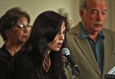 
Terri Schiavo's sister, Suzanne Vitadamo, discusses the autopsy on Schiavo's body as her father, Bob Schindler, stands by at the National Right to Life Committee's annual convention Thursday in Bloomington, Minn. 
 (Associated Press / The Spokesman-Review)