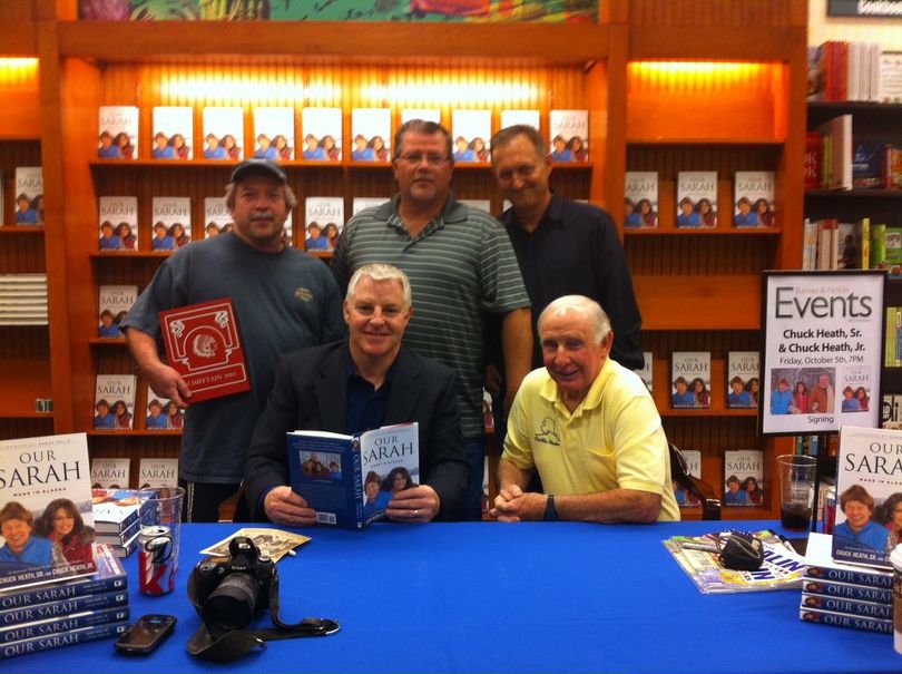 Chuck Heath of Alaska, bottom right, poses with his son Chuck Heath Jr. and friends at their October book signing in Dallas to promote their co-authored book, Our Sarah: Made in Alaska, regarding their dauther/sister Sarah Palin.   (Courtesy)