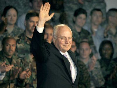 
Vice President Dick Cheney waves to U.S. forces in Japan  aboard the USS Kitty Hawk aircraft carrier on Wednesday. 
 (Associated Press / The Spokesman-Review)