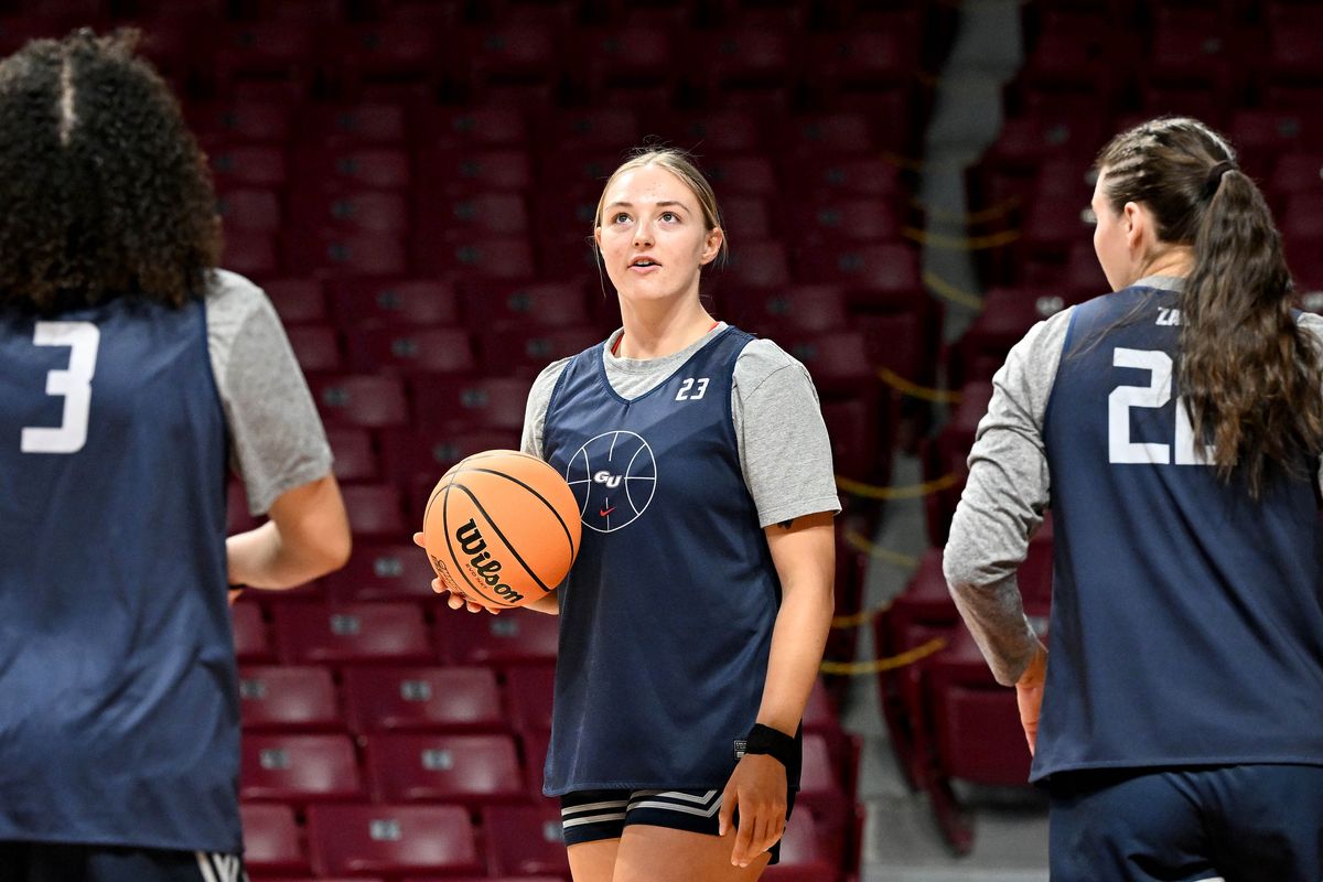Gonzaga forward Jaiden Haile, who has been instrumental in the Zags’ success, works on shooting drills during open practice on Thursday in Minneapolis. Haile has averaged 7.0 points and 6.3 rebounds per game this season.  (COLIN MULVANY/THE SPOKESMAN-REVIEW)