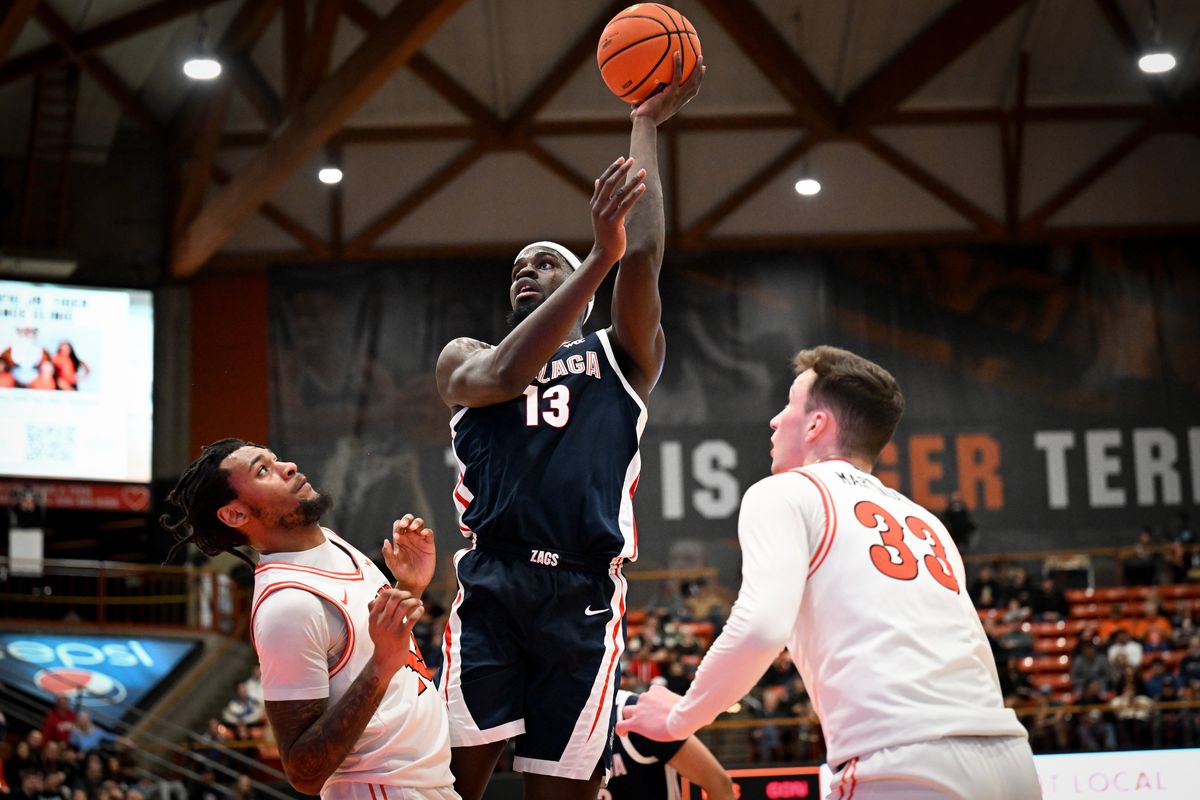 Gonzaga Bulldogs forward Graham Ike (13) shoots against the Pacific Tigers during the second half of a college basketball game on Saturday, Jan. 27, 2024, at the Alex G. Spanos Center in Stockton, Calif. Goznaga won the game 82-73.  (Tyler Tjomsland/The Spokesman-Review)