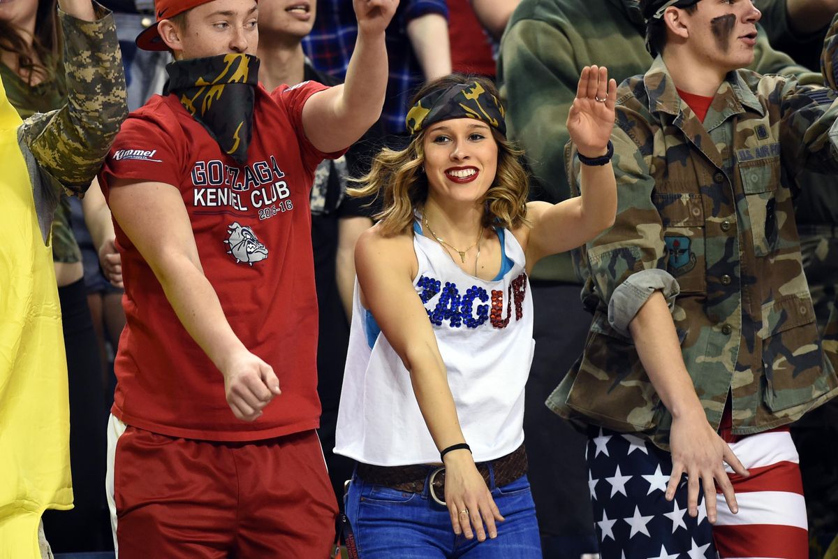 Zags student fans warm up before the game with Pacific, Thurs., Feb. 18, 2016, in the McCarthey Athletic Center. (Colin Mulvany / The Spokesman-Review)