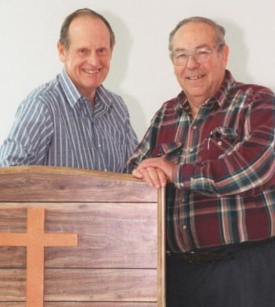 In this 1995 photo, President Hobart Jenkins (right) and Vice President Chuck Waller of the Board of Directors are shown with a church pulpit used by both the Bayview Center and the Bayview Chapel. The two men were instrumental in the construction of the center. Bay Views reports today that Jenkins has died at age 92. (Craig Buck, 1995 SR file photo)