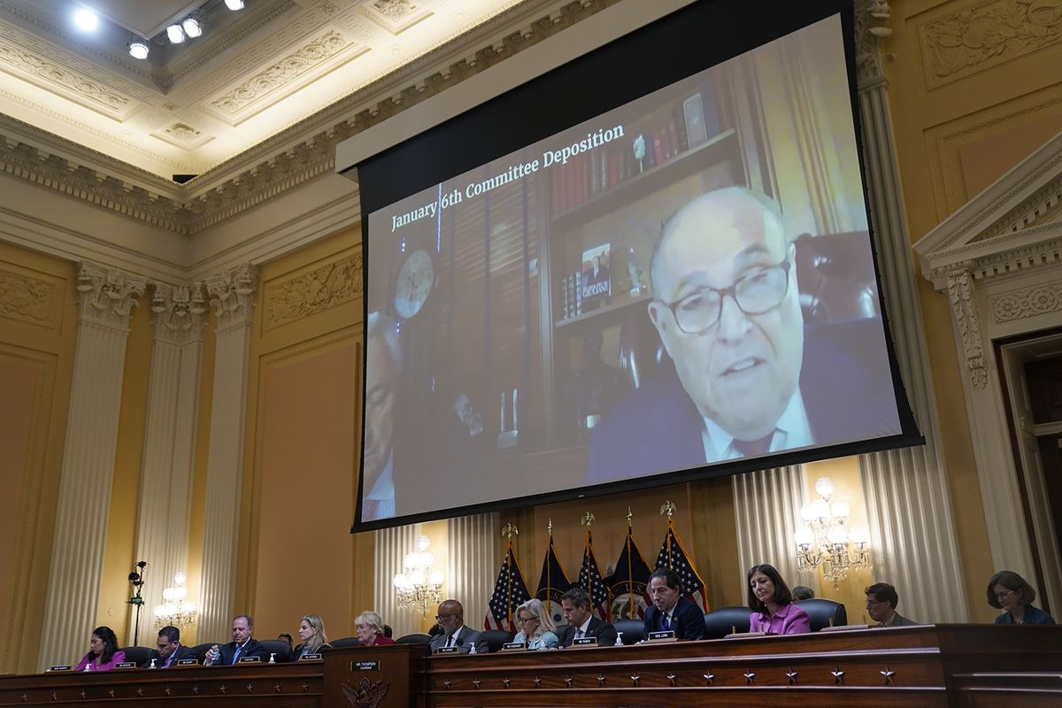 Rudolph W. Giuliani appears onscreen during a House committee hearing Monday, June 13, 2022. (Kent Nishimura/Los Angeles Times/TNS)  (Kent Nishimura/Los Angeles Times/TNS)
