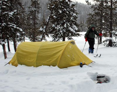 A camper skis back to his tent in the backcountry south of Old Faithful in Yellowstone National Park. (Rich Landers / The Spokesman-Review)