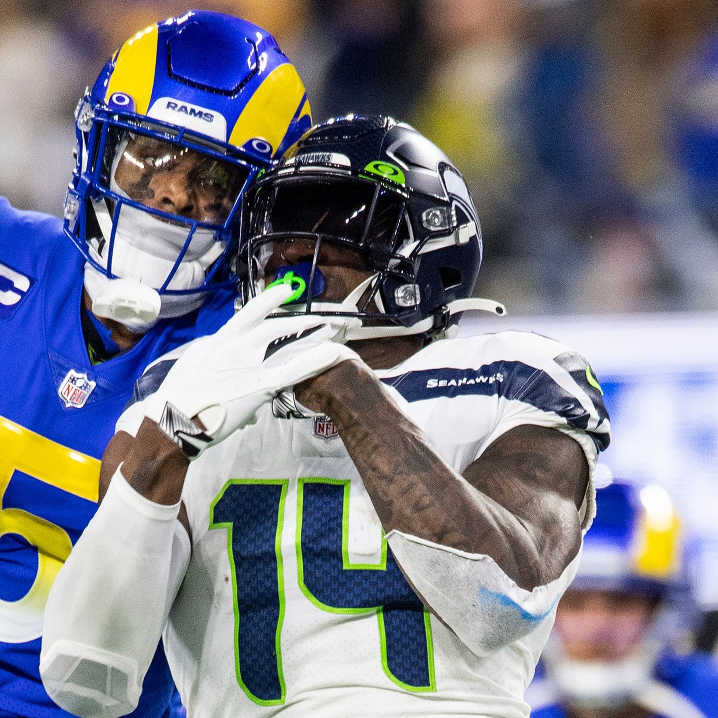 Los Angeles Rams cornerback Jalen Ramsey (5) defends against Seattle  Seahawks wide receiver DK Metcalf (14)