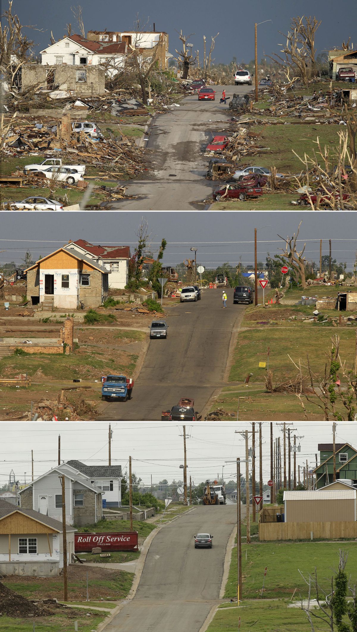 This three-photo combo shows a scene taken on May 23, 2011, top, July 21, 2011, center, and May 7, 2012, bottom, shows progress made in Joplin, Mo. in the year after an EF-5 tornado destroyed a large swath of the city and killed 161 people. (AP/Charlie Riedel)