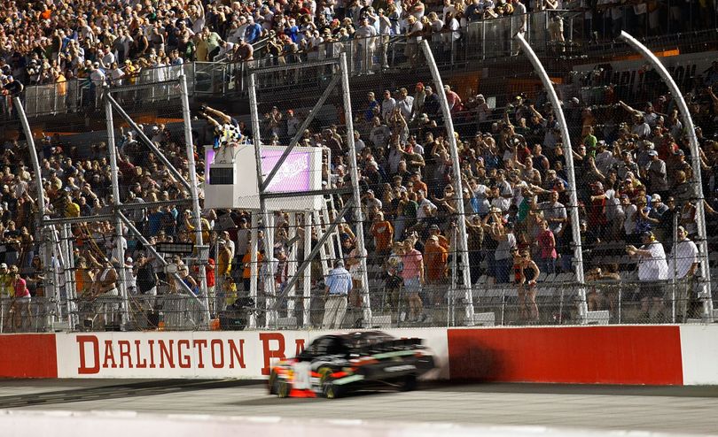 Denny Hamlin crosses the finish line to win the Royal Purple 200 presented by O'Reilly Auto Parts at Darlington Raceway. (Photo courtesy Geoff Burke/Getty Images for NASCAR) (Geoff Burke / Getty Images North America)