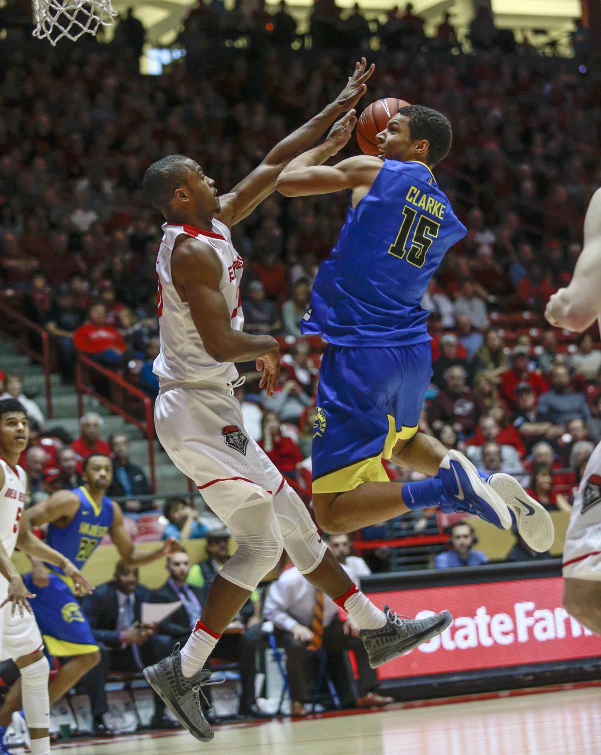 San Jose State’s Brandon Clarke (15) shoots over New Mexico’s Sam Logwood during the second half of an NCAA college basketball game in Albuquerque, N.M., Saturday, Feb. 4, 2017. San Jose State won 78-68. (Juan Antonio Labreche / Associated Press)