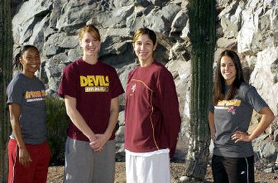 
The Arizona State University women's basketball team includes four players from area high schools. From left, are Briann January, Lewis and Clark; Aubree Johnson, Post Falls; Emily Westerberg, Central Valley, and Reagan Pariseau, Central Valley. The quartet often find themselves on the court together. 
 (Photo by Tom Davenport / The Spokesman-Review)