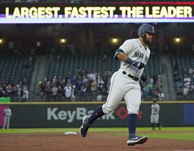 Seattle Mariners' Jose Marmolejos rounds the bases after he hit a solo home run against the Houston Astros during the second inning of a baseball game, Monday, Aug. 30, 2021, in Seattle.  (Associated Press)